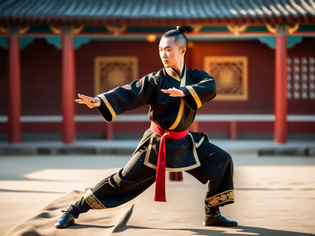 Un maestro de Kung Fu realiza intrincadas técnicas de sable en un antiguo campo de entrenamiento de artes marciales chinas al amanecer