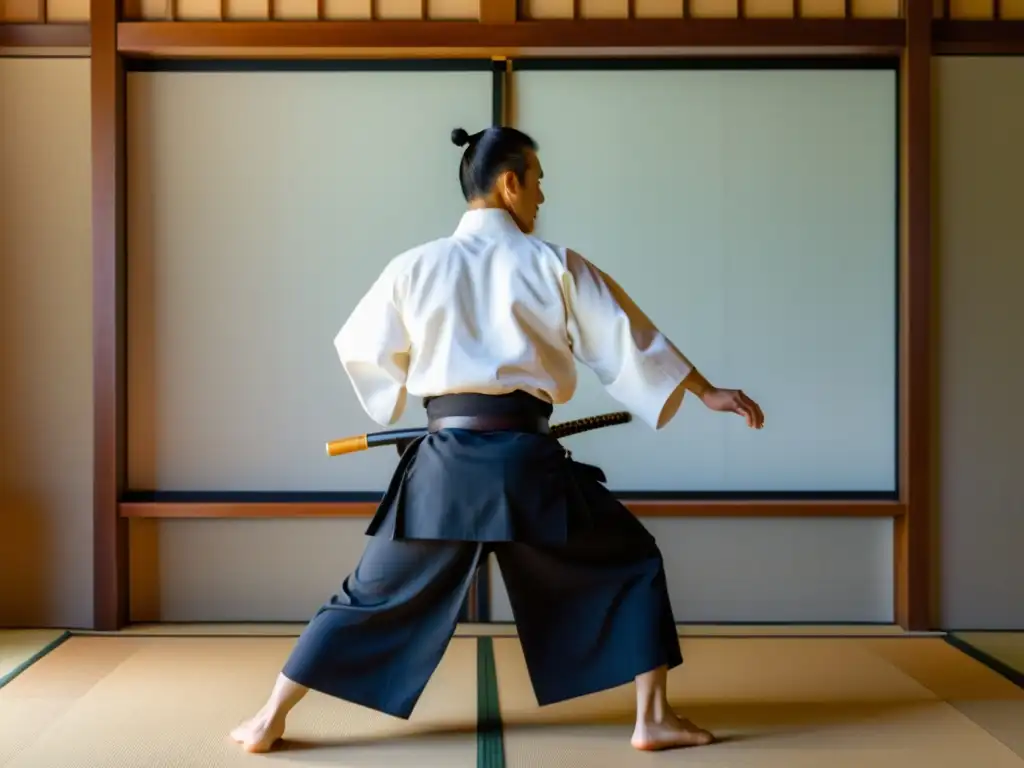 Maestro ejecutando iriminage en dojo japonés, reflejando la disciplina y la filosofía del Aikido en sociedad