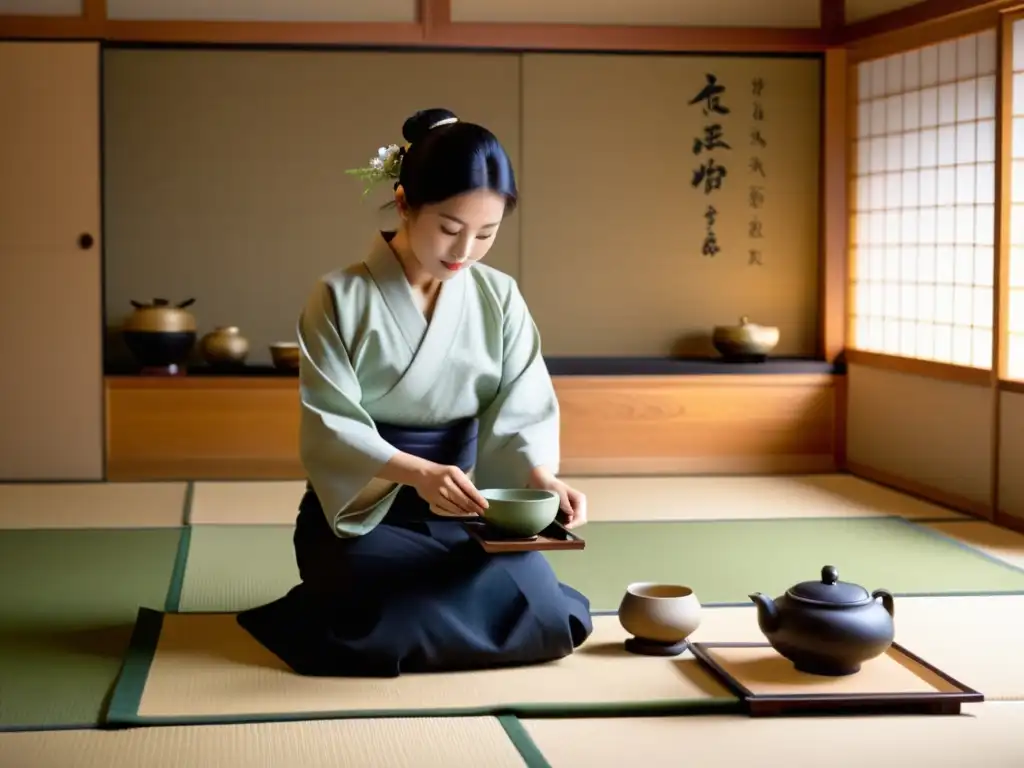 Maestro japonés sirviendo té en la ceremonia del té con paralelismos entre la ceremonia del té y las artes marciales