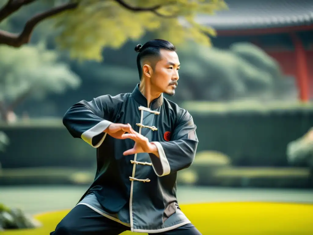 Un maestro de Kung Fu en un jardín practicando Tai Chi, fusionando tradición y modernidad en la ropa de entrenamiento de artes marciales