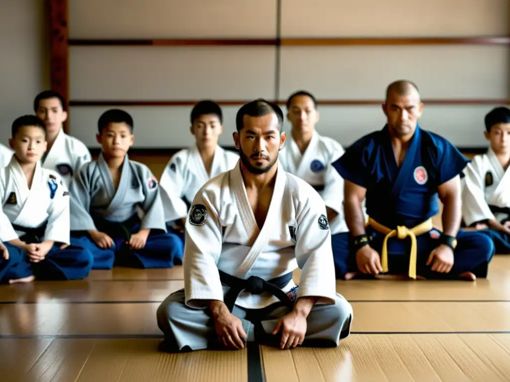 Maestro de Jiu-Jitsu Brasileño impacto cultural enseña a estudiantes en dojo tradicional, en una atmósfera de reverencia y disciplina