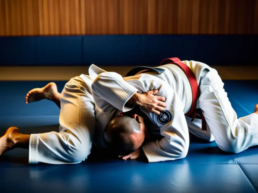 Maestro de Jiu-Jitsu tradicional demostrando técnica defensiva en dojo iluminado, expresión enfocada y movimientos precisos