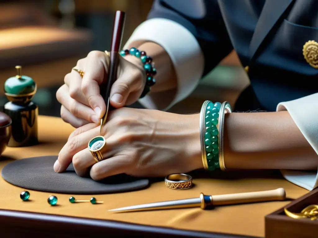 Un maestro joyero crea una pulsera inspirada en las artes marciales, con herramientas y gemas, fusionando arte marcial y joyería