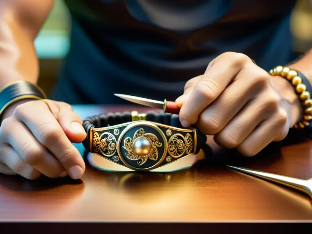 Un maestro joyero crea meticulosamente una pulsera inspirada en artes marciales, resaltando la precisión y la artesanía de las joyas