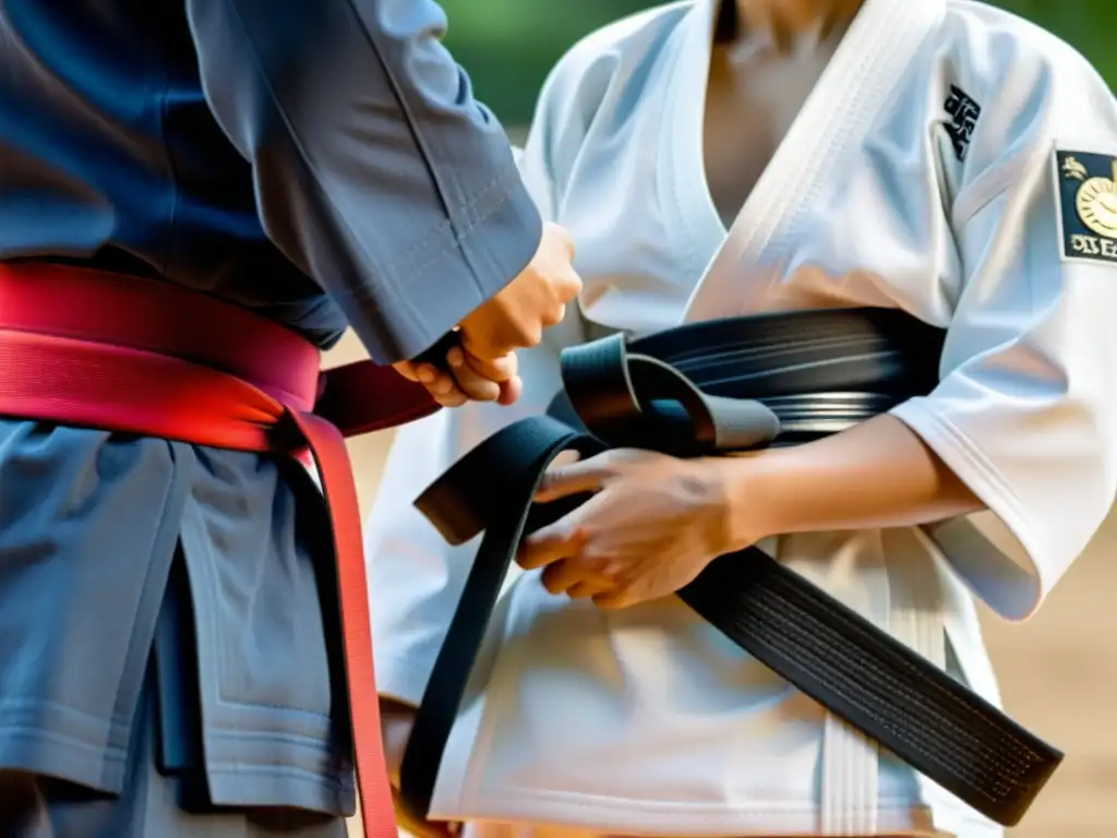 Un maestro de judo ata cuidadosamente el cinturón negro a su dedicado estudiante, capturando la reverencia y significado de esta tradición