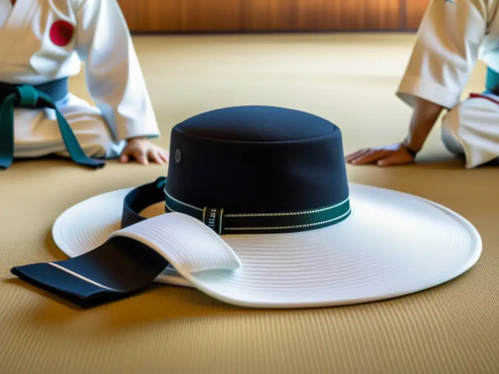 Un maestro de judo ata con destreza un cinturón blanco alrededor de una gorra negra