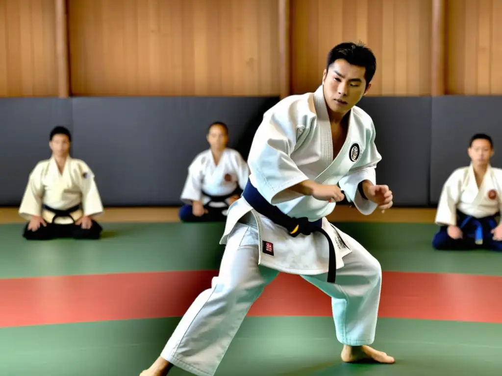 Un maestro de judo en un dojo tradicional, mostrando la técnica ipponseoinage con detalle experto