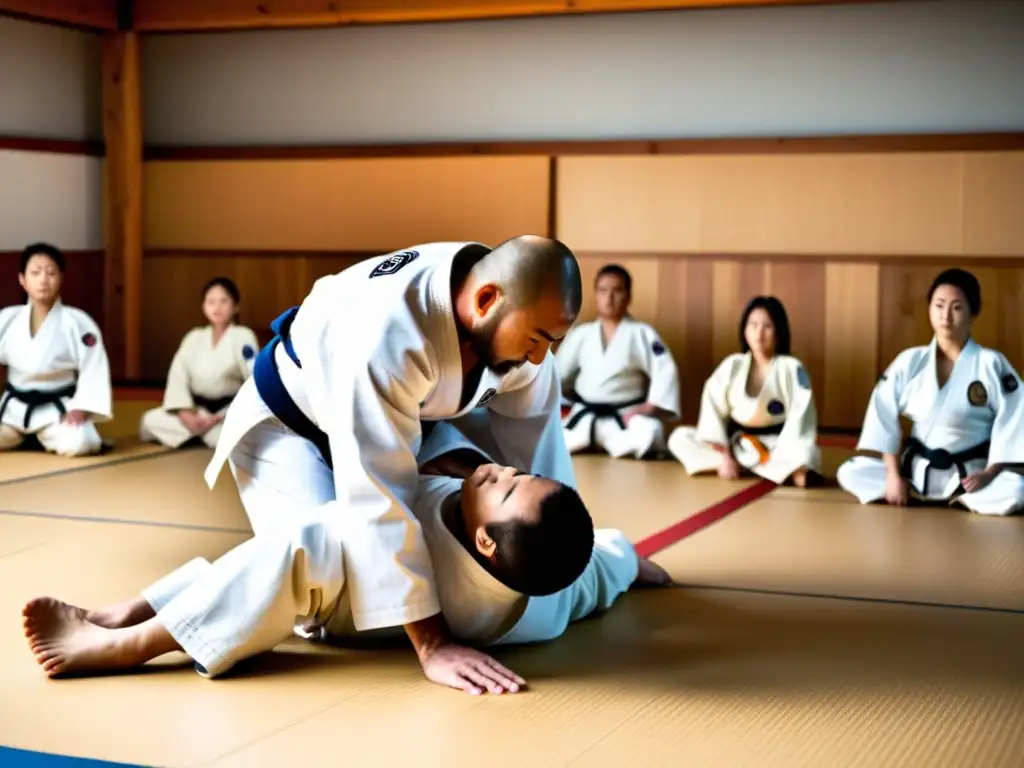 Un maestro de judo enseña técnicas avanzadas a estudiantes concentrados en un dojo tradicional