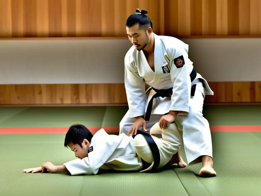 Un maestro de judo observa a su estudiante realizar un perfecto ipponseoinage en un dojo tranquilo y enfocado