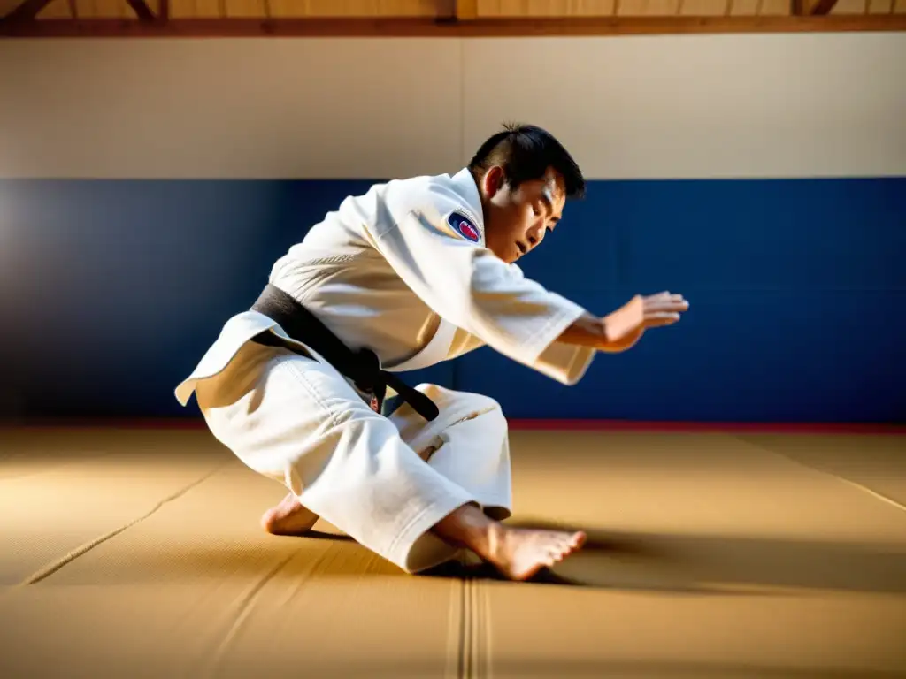 Un maestro de judo muestra una impecable técnica de ippon seoi nage en un dojo tradicional