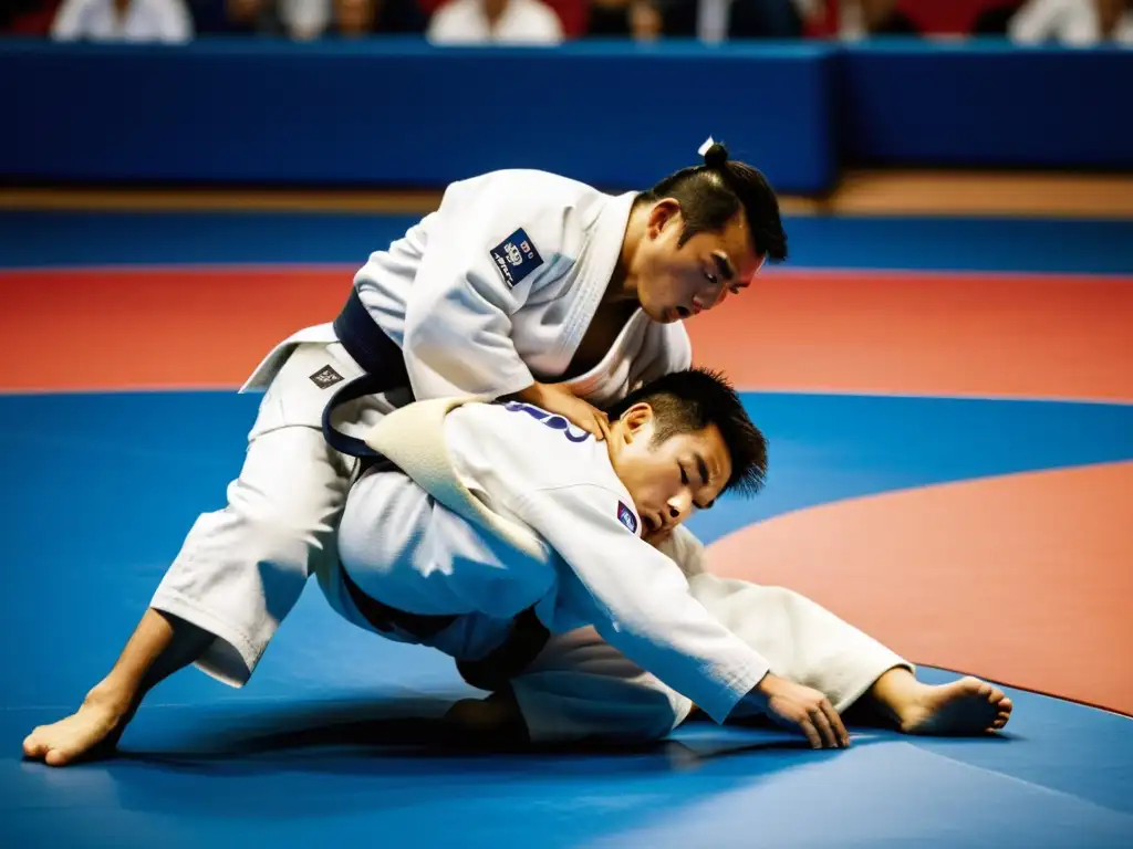 Un maestro de judo ejecuta un ippon seoi nage durante un campeonato, mostrando intensidad física y mental