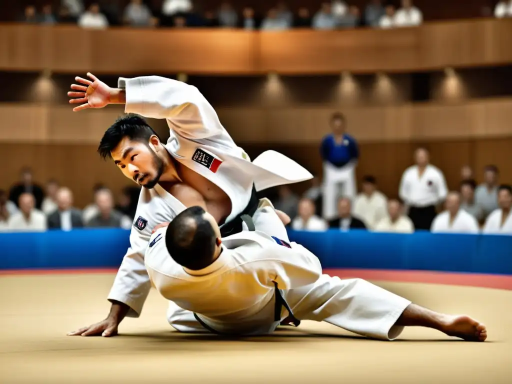 Un maestro de judo ejecuta un lanzamiento impecable en un torneo profesional