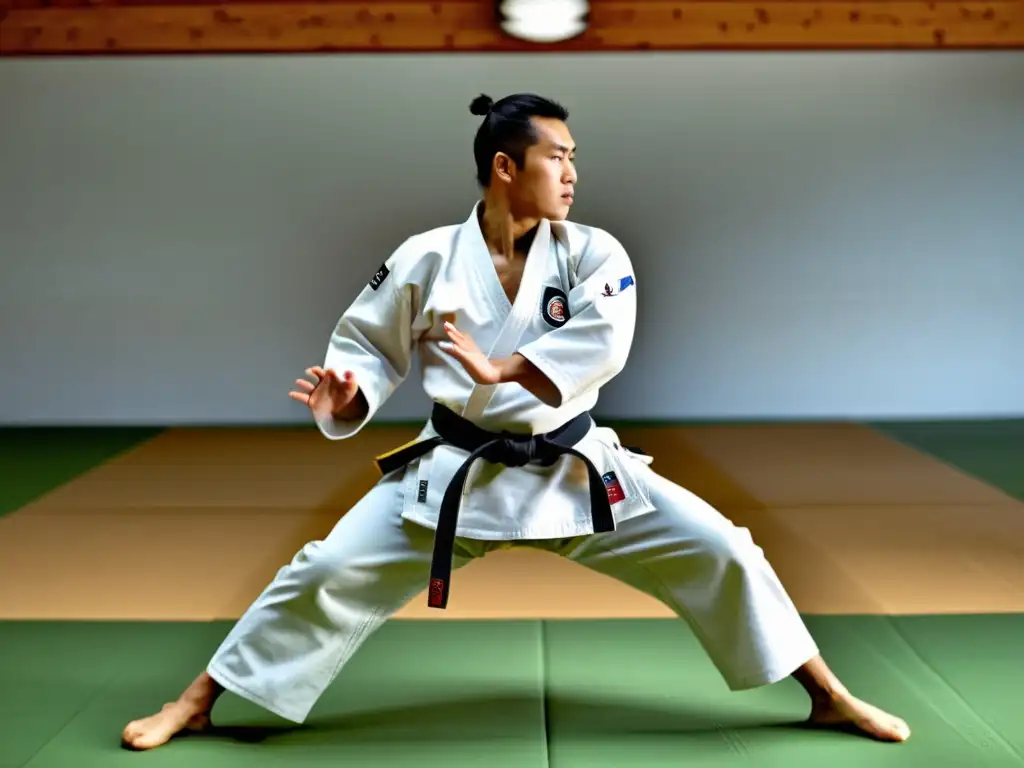 Un maestro de judo ejecuta un lanzamiento perfecto en un dojo tradicional, reflejando disciplina y habilidad en la práctica del Kodokan Judo