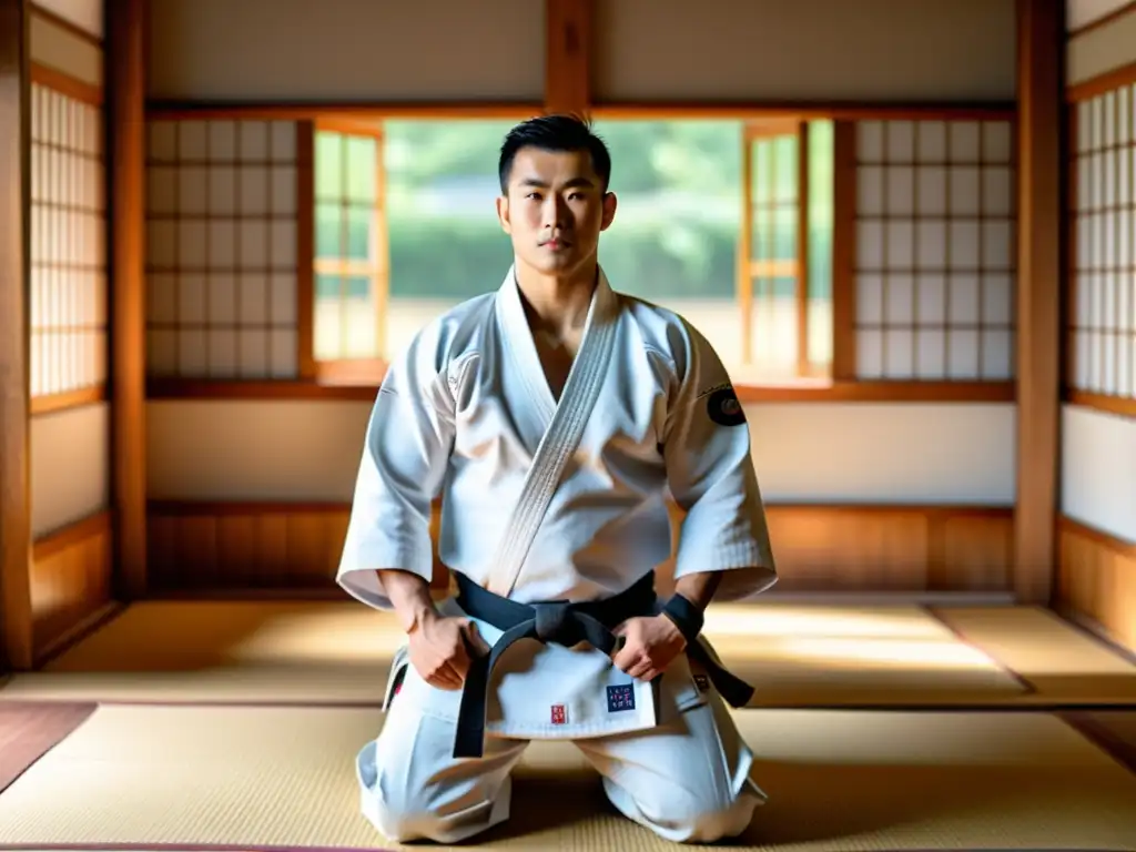 Un maestro de judo con el mejor Gi para Judo, en un dojo tradicional japonés, irradia disciplina y maestría