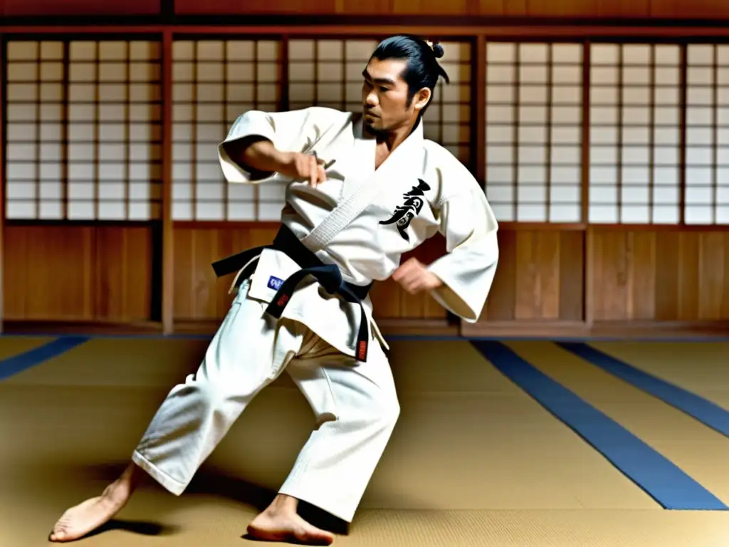 Kyuzo Mifune, maestro del Judo, ejecuta con maestría una técnica en un dojo tradicional, reflejando su influencia y legado en el arte marcial