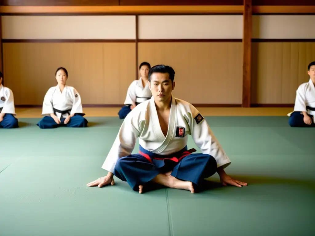 Un maestro de judo demuestra técnicas en un dojo tradicional, con estudiantes atentos