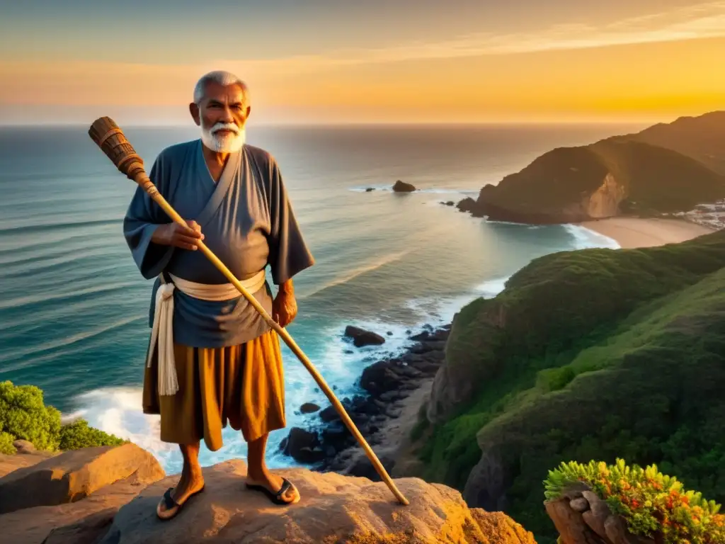 Maestro del Juego del Palo en acantilado al atardecer, listo para demostrar una técnica ancestral