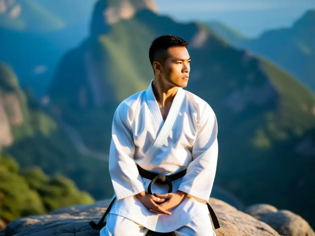 Un maestro de KarateDo en gi blanco, en postura meditativa en un acantilado, con una vista panorámica de montañas cubiertas de niebla