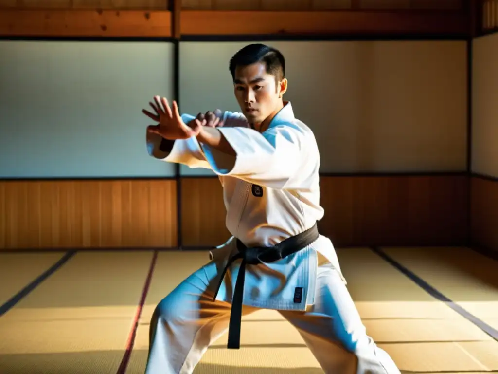 Un maestro de karate realiza una kata en un dojo japonés, con movimientos precisos y dinámicos, expresión seria pero determinada