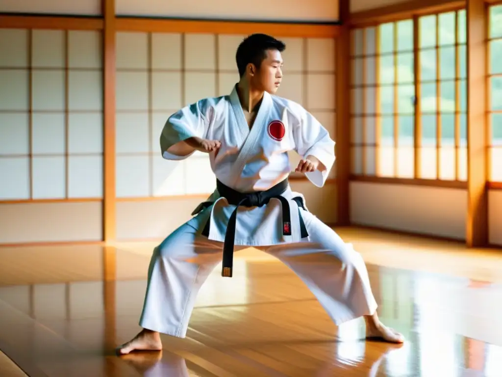 Un maestro de karate ejecuta una kata con gracia en un dojo sereno, transmitiendo control y equilibrio emocional