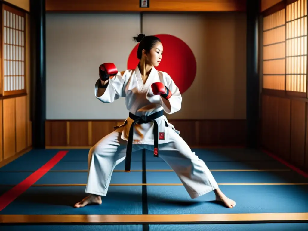 Maestro de karate realizando una kata con precisión y gracia en un dojo tradicional