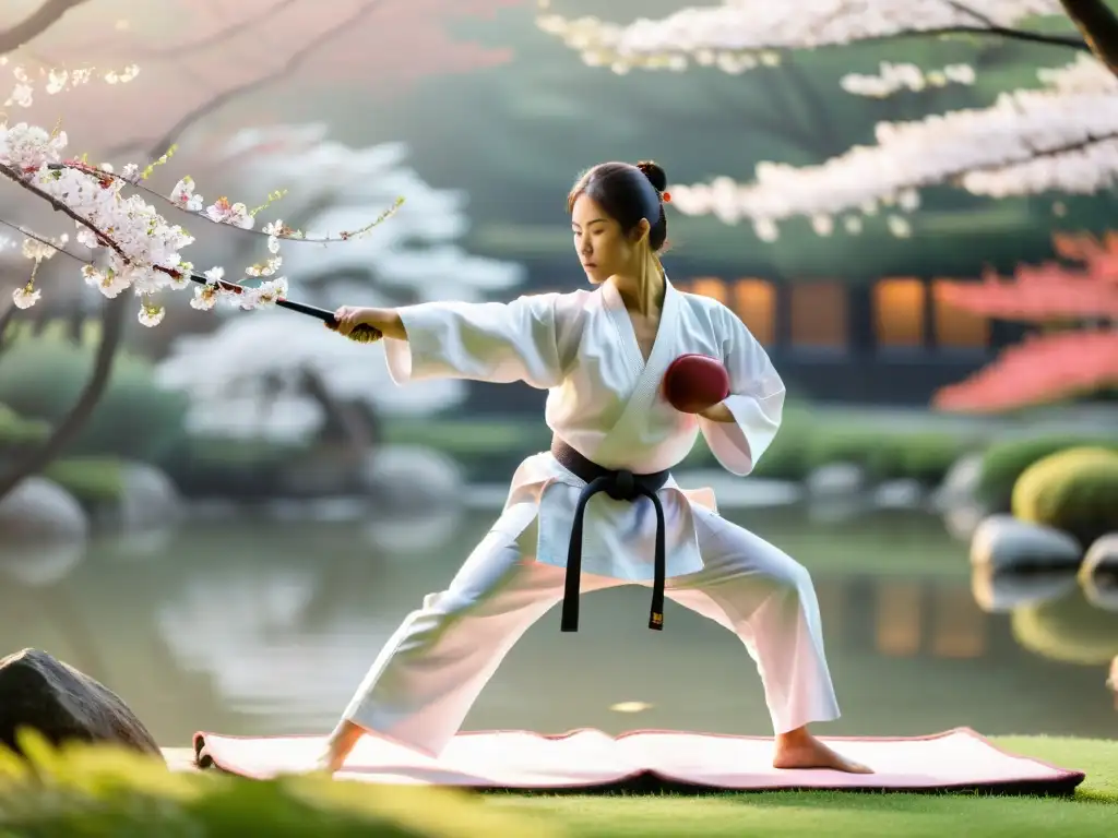 Maestro de karate practicando kata al amanecer en jardín japonés