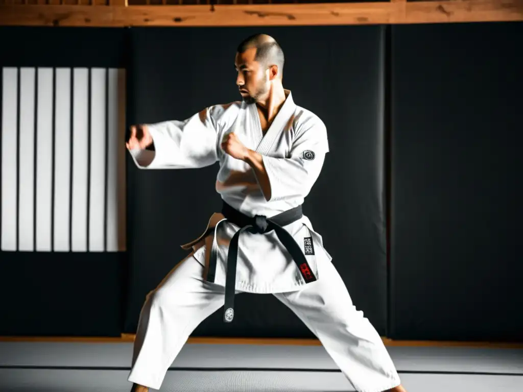 Un maestro de karate demuestra una kata con movimientos precisos en un dojo tradicional