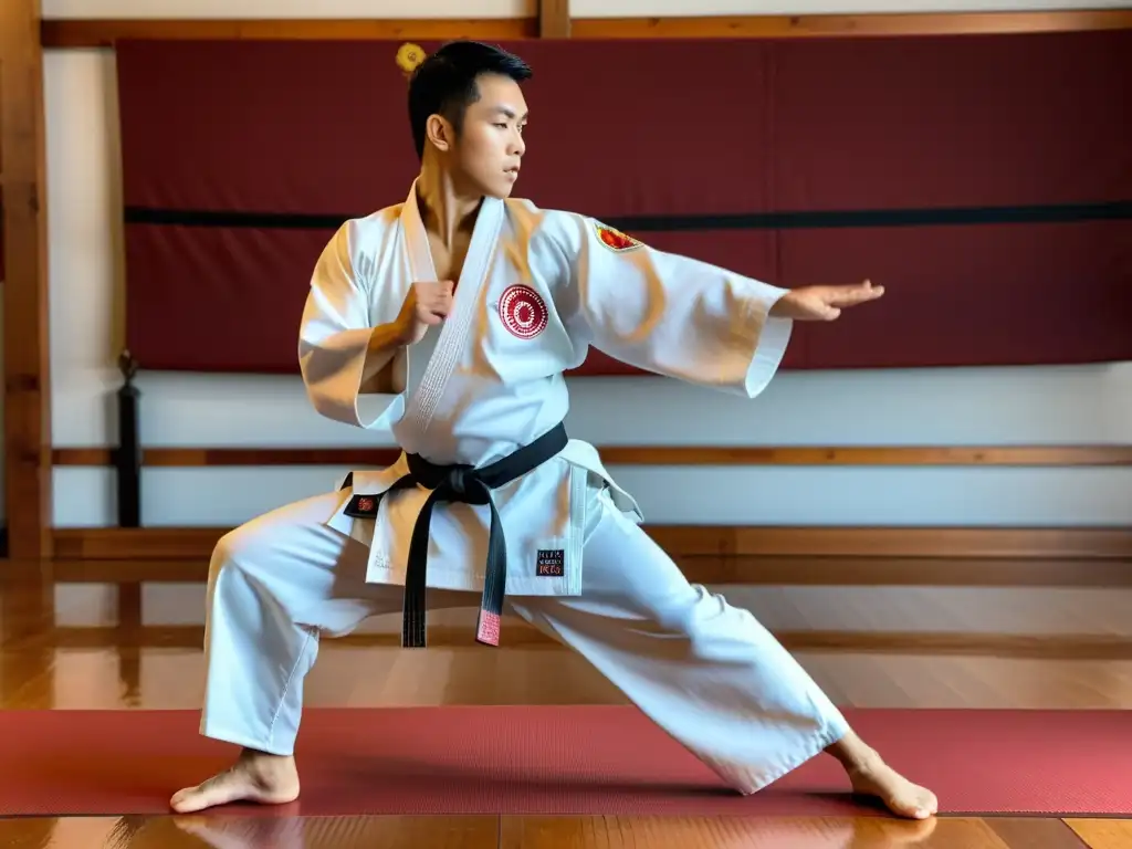 Maestro de karate ejecutando una kata con perfección y concentración