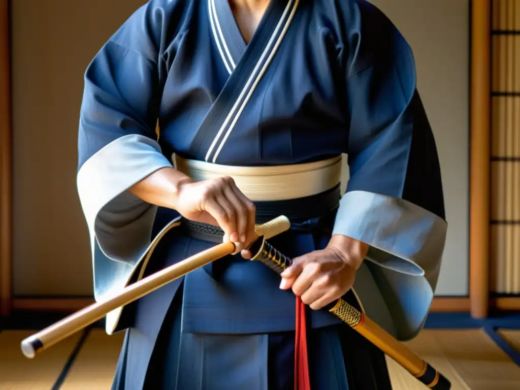 Un maestro de kendo en meditación, atuendo tradicional, shinai en mano, en un dojo japonés