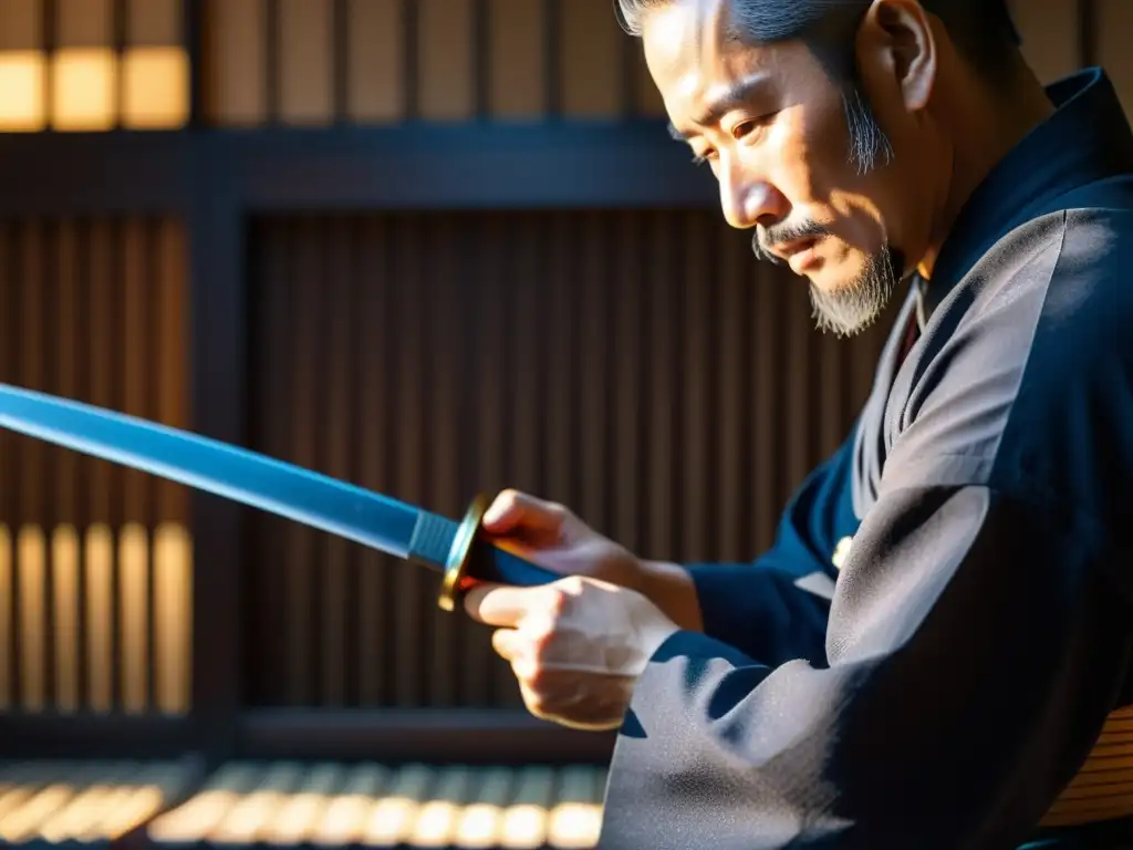 Un maestro de kendo examina con cuidado la hoja de una espada japonesa tradicional, resaltando la destreza y devoción por las Mejores espadas de Kendo