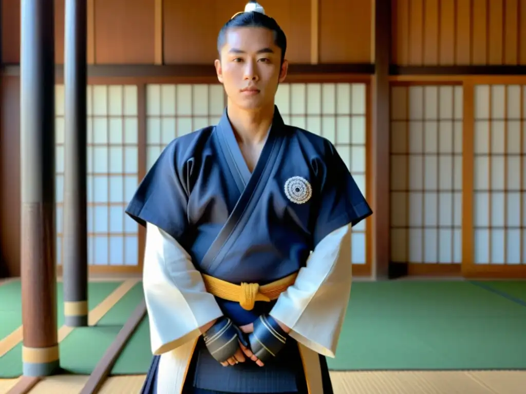 Un maestro de kendo en un dojo tradicional, con keikogi blanco y hakama, sostiene un shinai y usa equipo protector