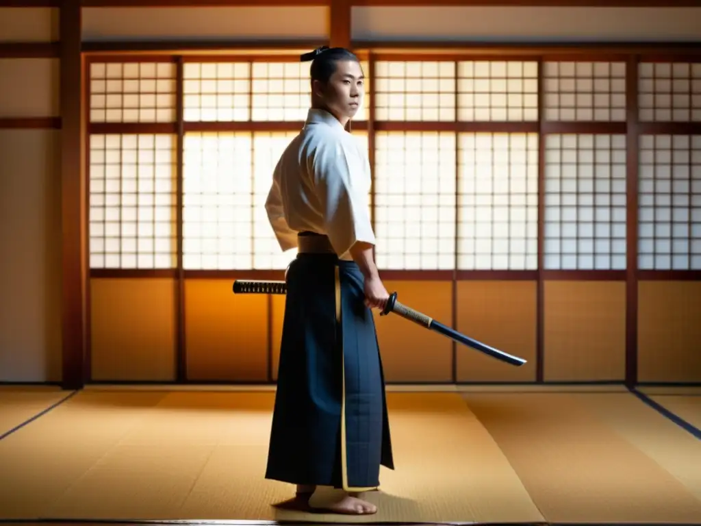 Un maestro de kendo destaca en un dojo tradicional, sosteniendo una katana reluciente