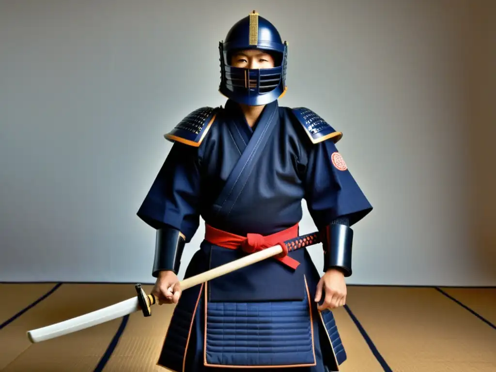 Un maestro de kendo experimentado usando una armadura moderna y elegante, demostrando movilidad y destreza