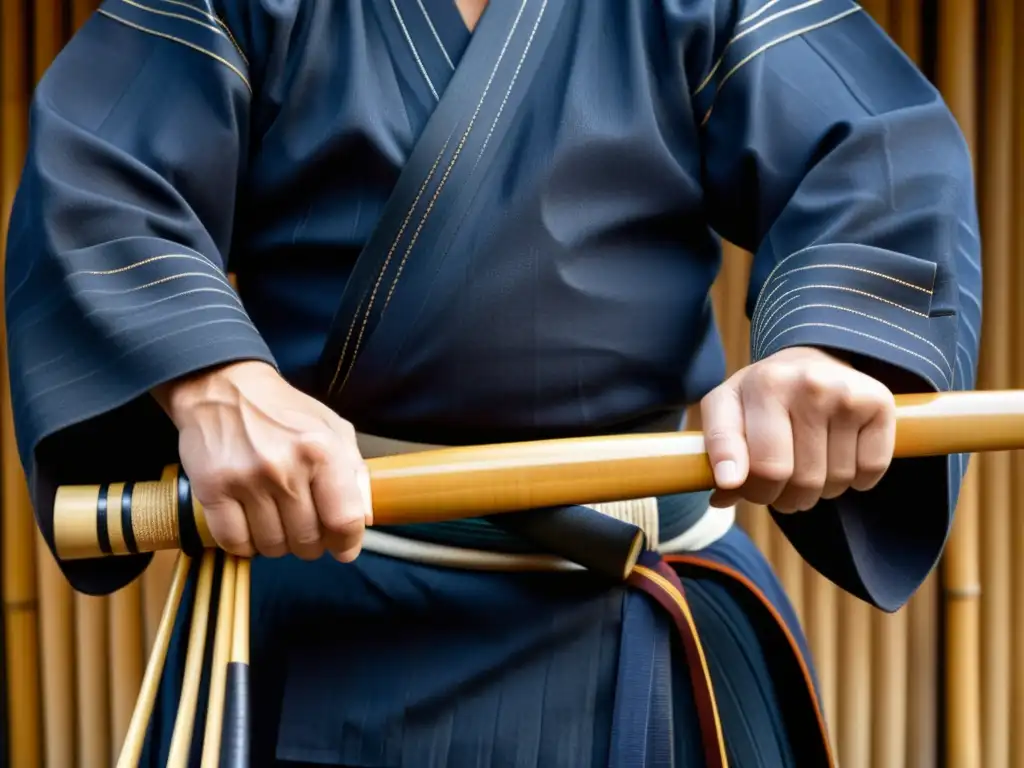 Un maestro de kendo experto sostiene un shinai, resaltando la artesanía y la tradición