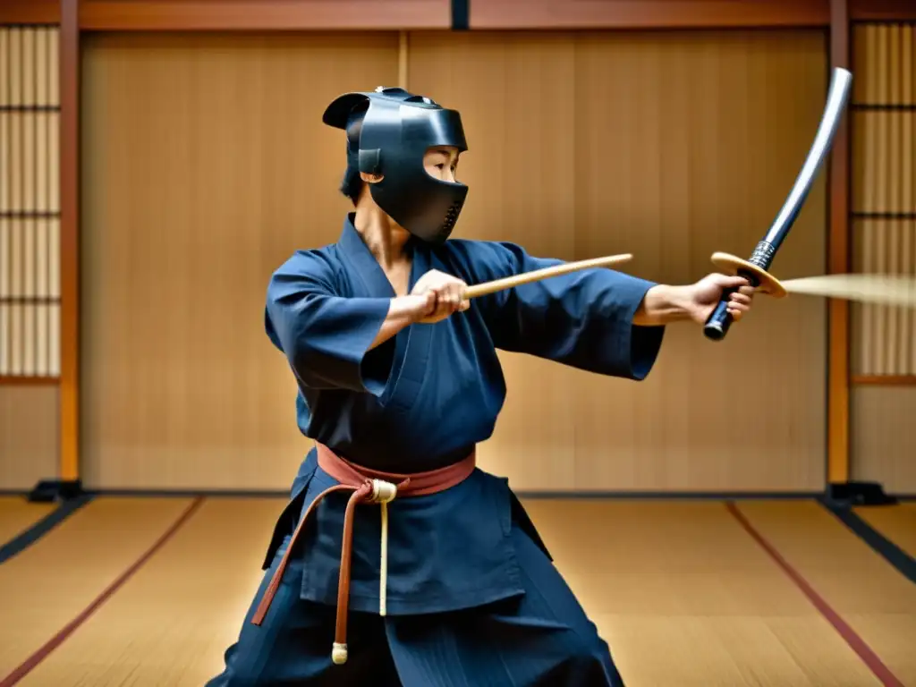 Un maestro de Kendo realiza un golpe preciso y poderoso con un shinai durante una sesión de práctica