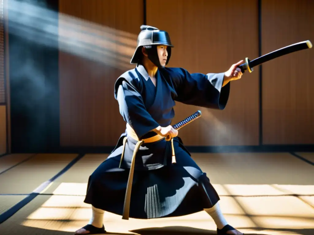 Un maestro de kendo ejecuta un golpe preciso con una espada japonesa, mostrando concentración y energía