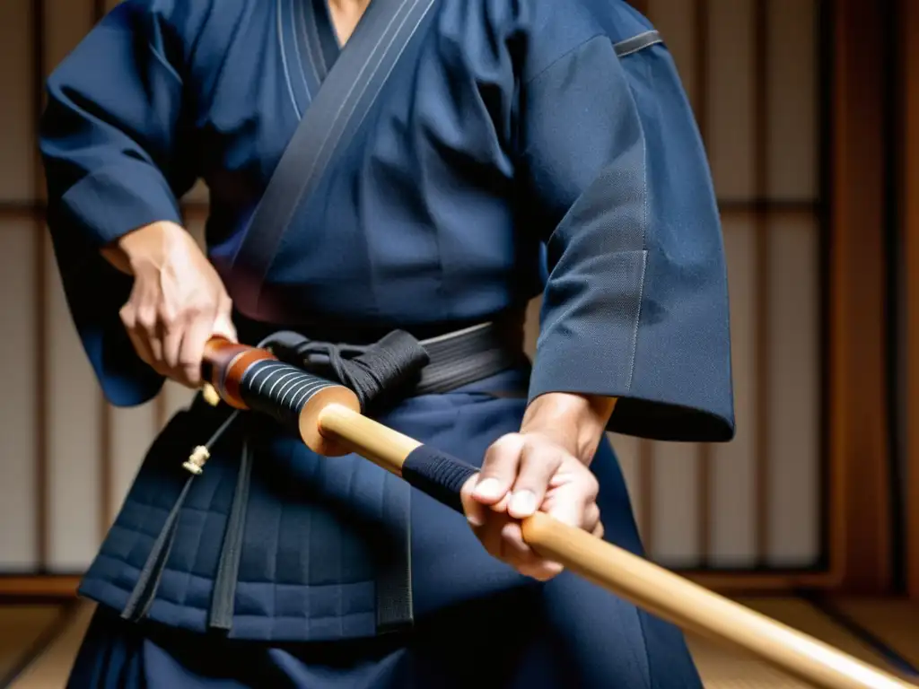 Un maestro de kendo sostiene un shinai con intensa concentración, evocando respeto por el arte del kendo