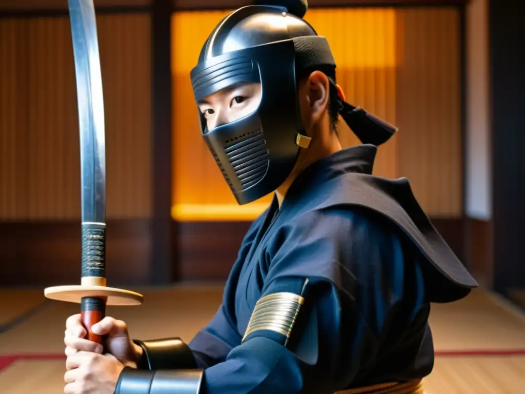 Un maestro de kendo japonés en armadura tradicional, con un bokken en alto, refleja la cultura y disciplina del kendo