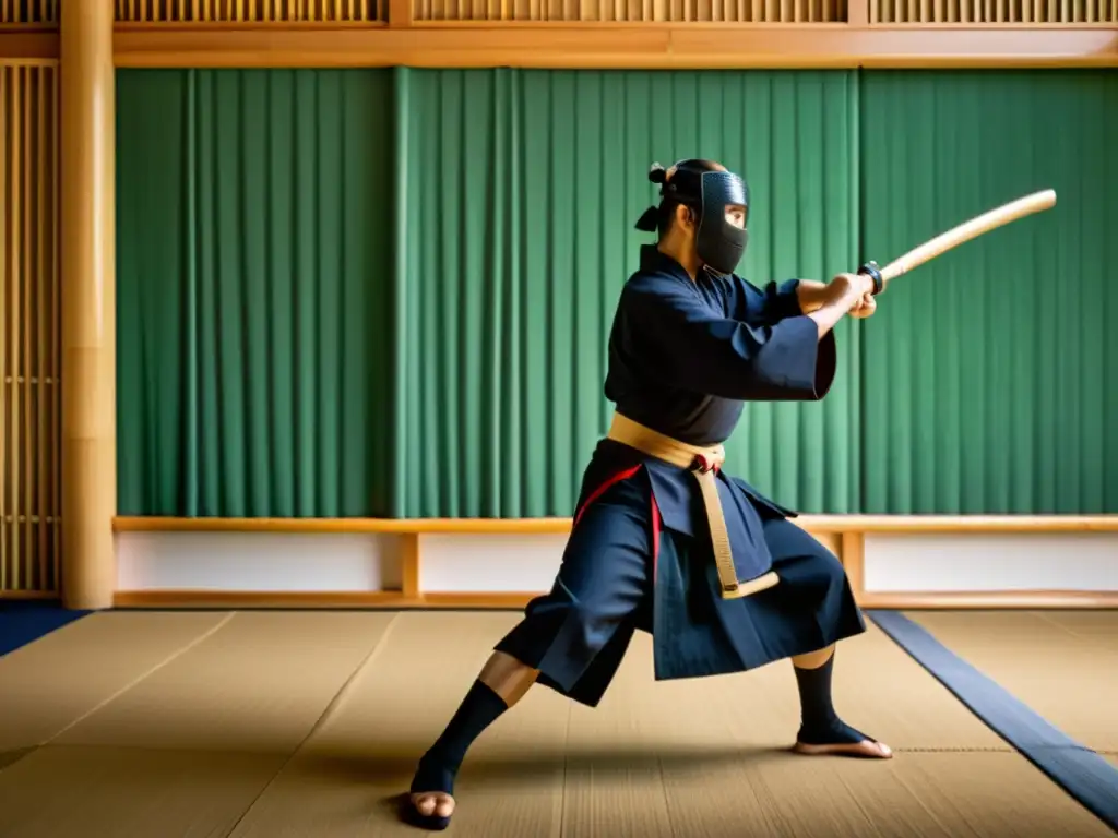 Un maestro de Kendo realiza una precisa y concentrada estocada con un shinai en un dojo sereno