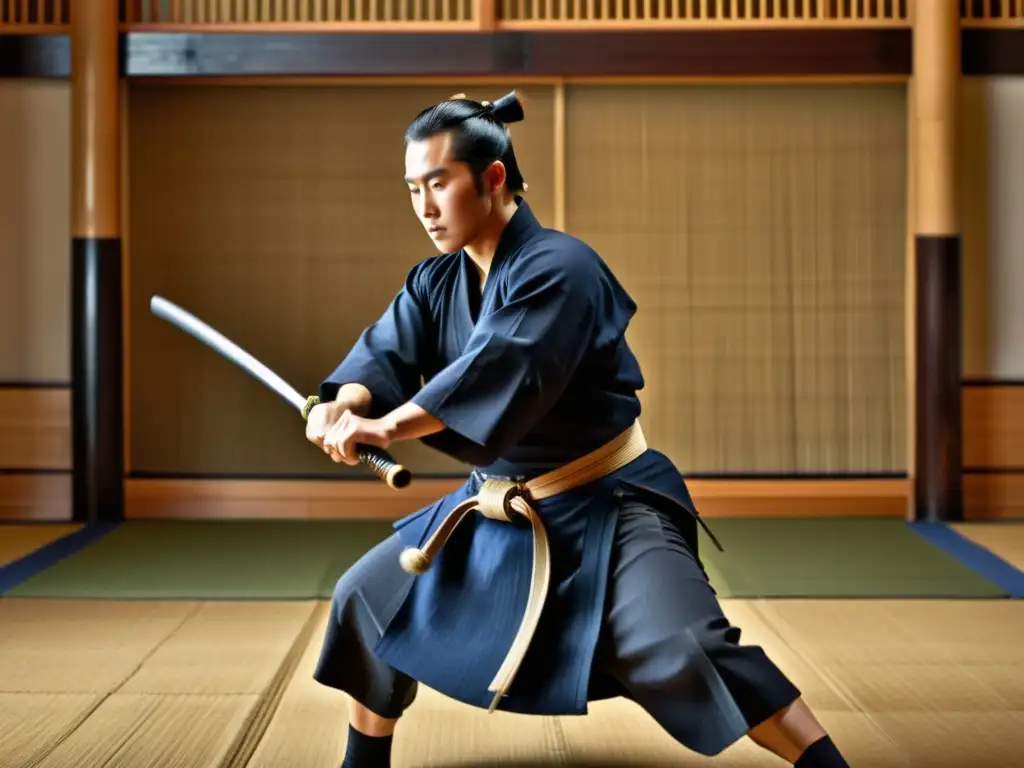 Un maestro de Kendo ejecuta una precisa estocada en un dojo sereno, destacando el significado espiritual de las exhibiciones de Kendo