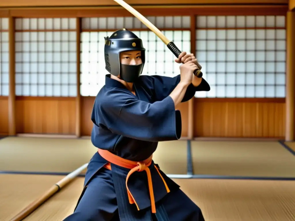 Un maestro de kendo ejecuta con precisión un poderoso golpe con su shinai en un dojo tradicional, mostrando la cultura y disciplina del kendo