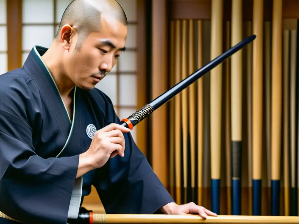 Un maestro de kendo selecciona cuidadosamente un shinai entre una colección de espadas de bambú