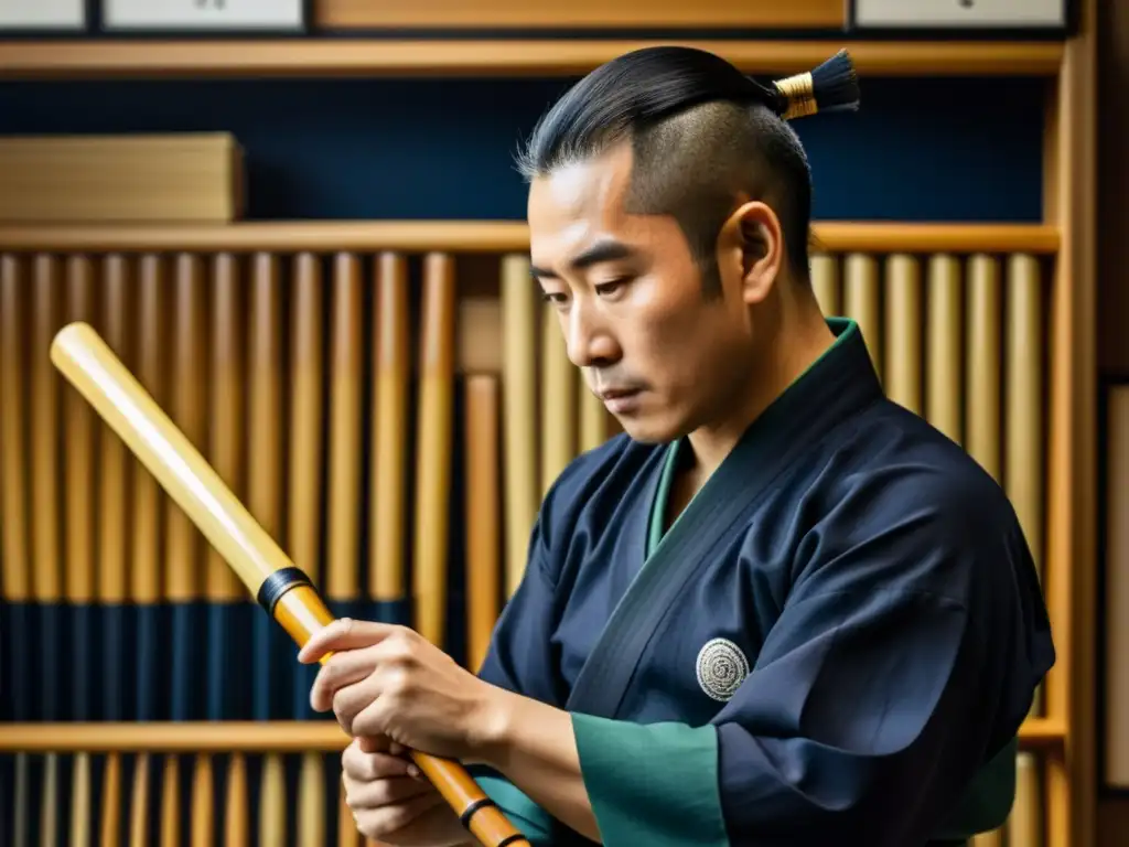 Un maestro de kendo selecciona cuidadosamente un shinai de su colección