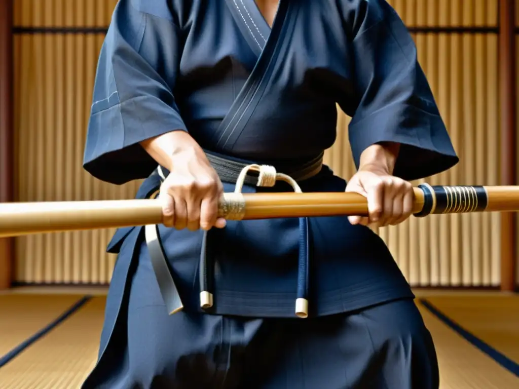 Un maestro de kendo con determinación, concentración y sudor en la frente, empuña con maestría una tradicional espada de bambú