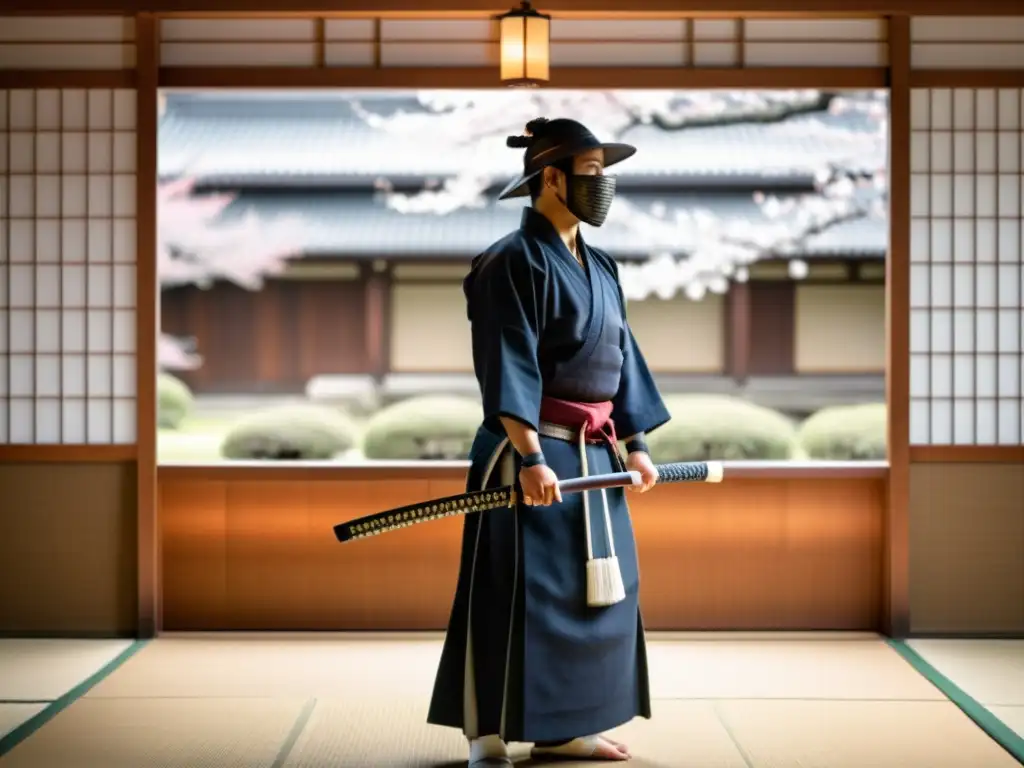 Un maestro de kendo con traje samurái, concentradamente sujeta una katana en un dojo sereno rodeado de árboles de cerezo