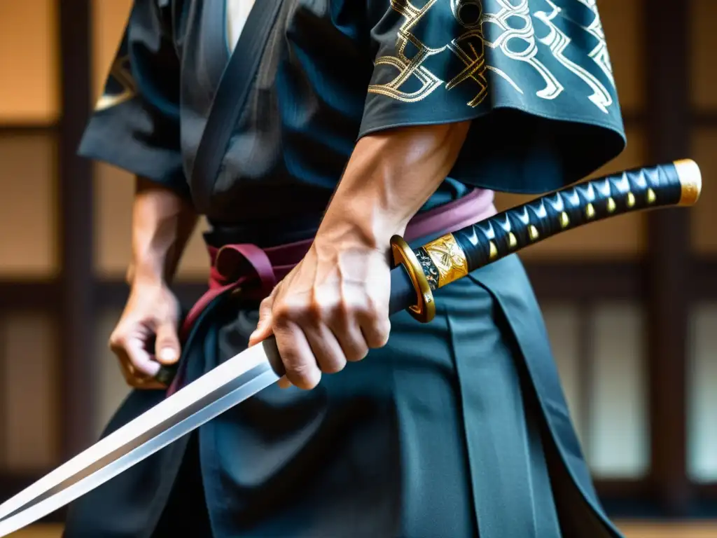 Un maestro de kenjutsu con espadas sostiene con firmeza el mango de una katana tradicional, mostrando determinación en un dojo iluminado suavemente