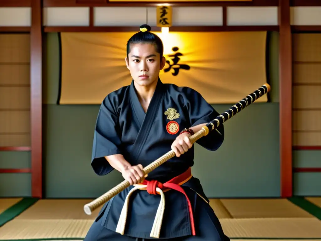 Un maestro de kobudo Okinawense demuestra su técnica con tonfa en un dojo tradicional