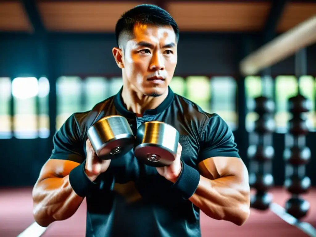 Un maestro de kung fu con mancuernas, concentrado y musculoso, muestra la disciplina ancestral en un ambiente sereno de entrenamiento