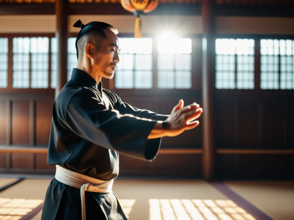 Un maestro de Kung Fu con mancuernas de madera, demostrando un poderoso golpe en un salón de entrenamiento tradicional con luz solar