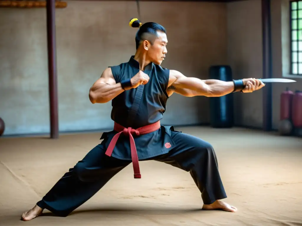 Maestro de kung fu con mancuernas, combina tradición y modernidad en un entrenamiento intenso